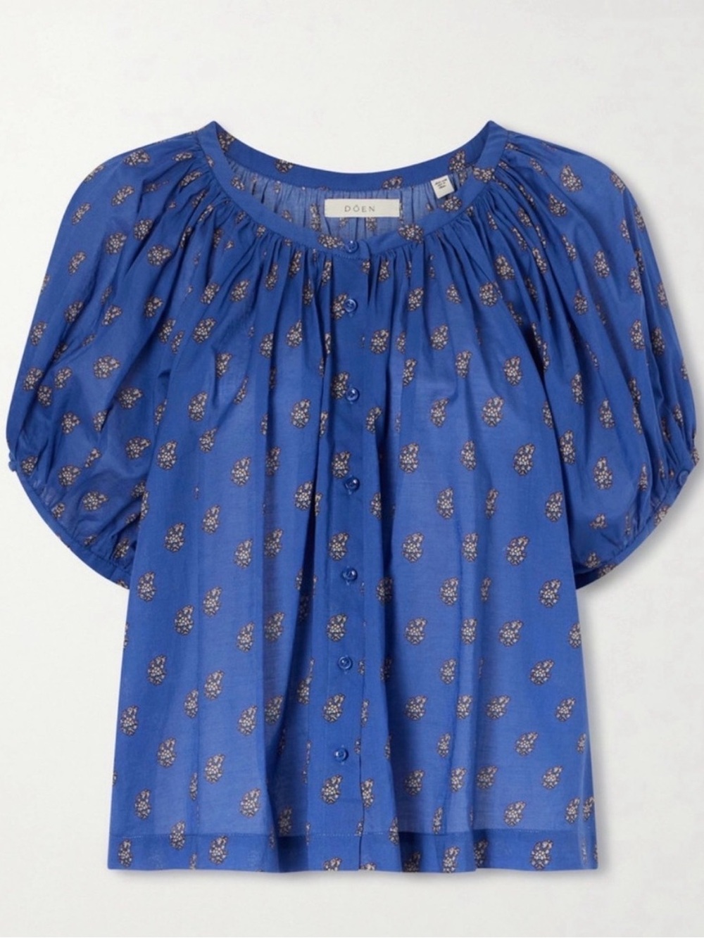 Doen Cobalt Blue Button-Front Puff-Sleeve Blouse